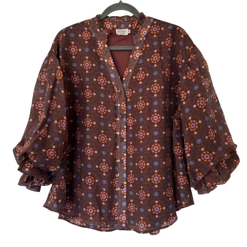 Shop the Mint Top XL Brown Floral Balloon Sleeve Ruffle Boho Cottagecore Prairie
